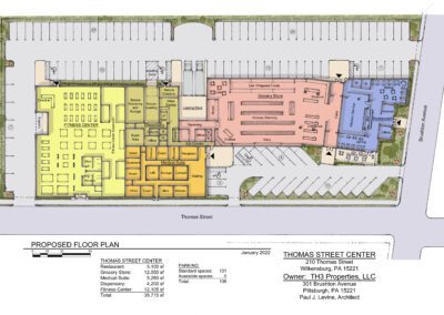Proposed floor plan of thomas street center with labeled commercial spaces and parking layout.