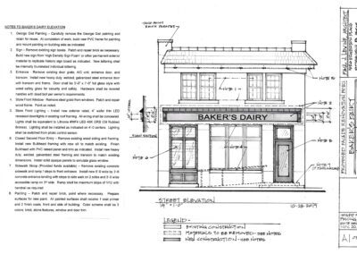Architectural drawing of a building elevation with annotations and a legend detailing construction specifics.