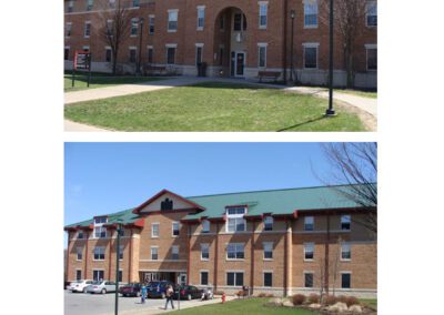 Two exterior views of bold hall dormitory at la roche college, pittsburgh, pa, with a clear blue sky in the background.