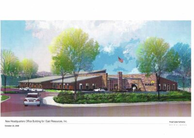 Architectural rendering of the new headquarters office building for east resources, inc., with landscaping and vehicles, dated october 28, 2009.