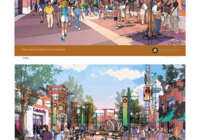 Architectural renderings of the newbury market town center concept in south fayette township, pa, showing bustling pedestrian areas with shops and amenities.
