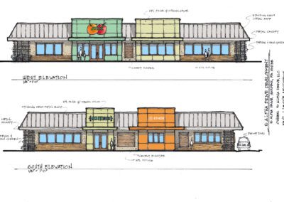 Architectural elevation sketches of a commercial building with annotations for materials and design notes.