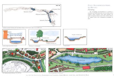 Final flood mitigation recommendations with illustrations depicting before and after scenarios for river embankments and public areas.