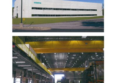Exterior and interior views of the siemens large drive applications factory.