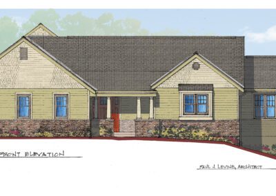 Architectural rendering of a proposed single-story residential house front elevation.
